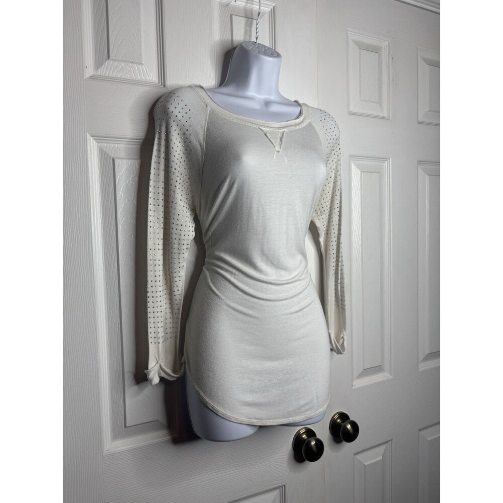 Cover Stitched Small Ivory Studded Sleeve Top Lightweight Boho Chic